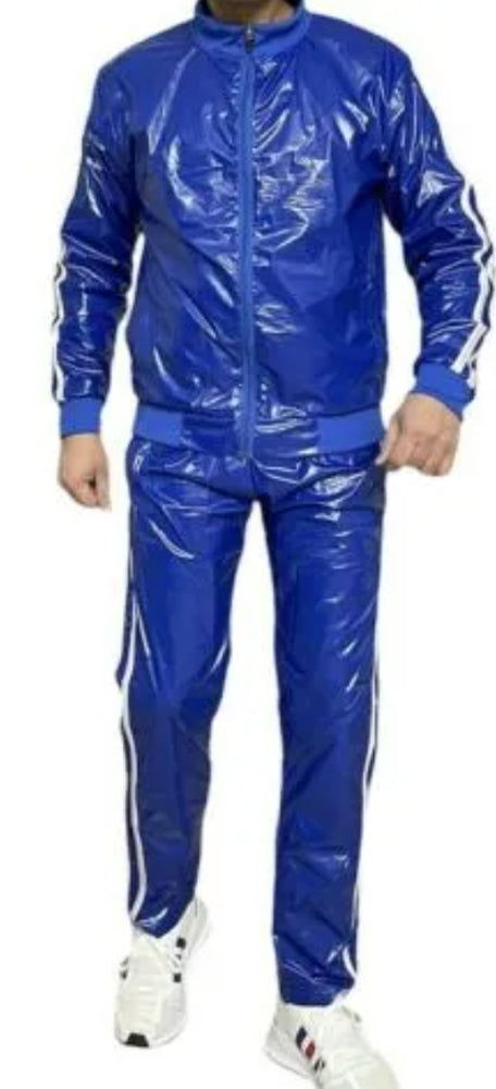 PVC Nylon Glanznylon Jacke blau mit weißen Streifen - auf Lager