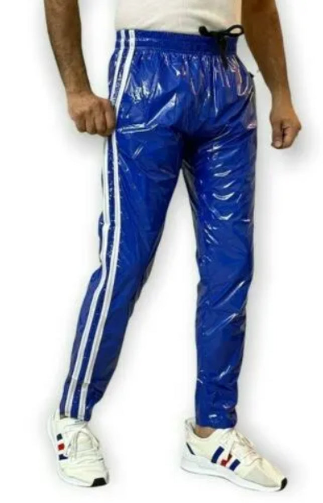 PVC Nylon Glanznylon Jogginghose blau mit weißen Streifen