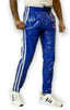 Load image into Gallery viewer, PVC Nylon Glanznylon Jogginghose blau mit weißen Streifen