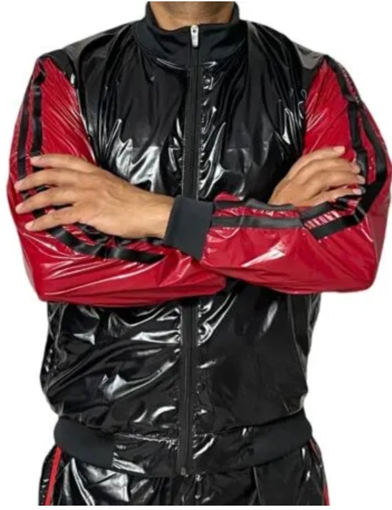 PVC Nylon Glanznylon Jacke schwarz-rot mit Streifen