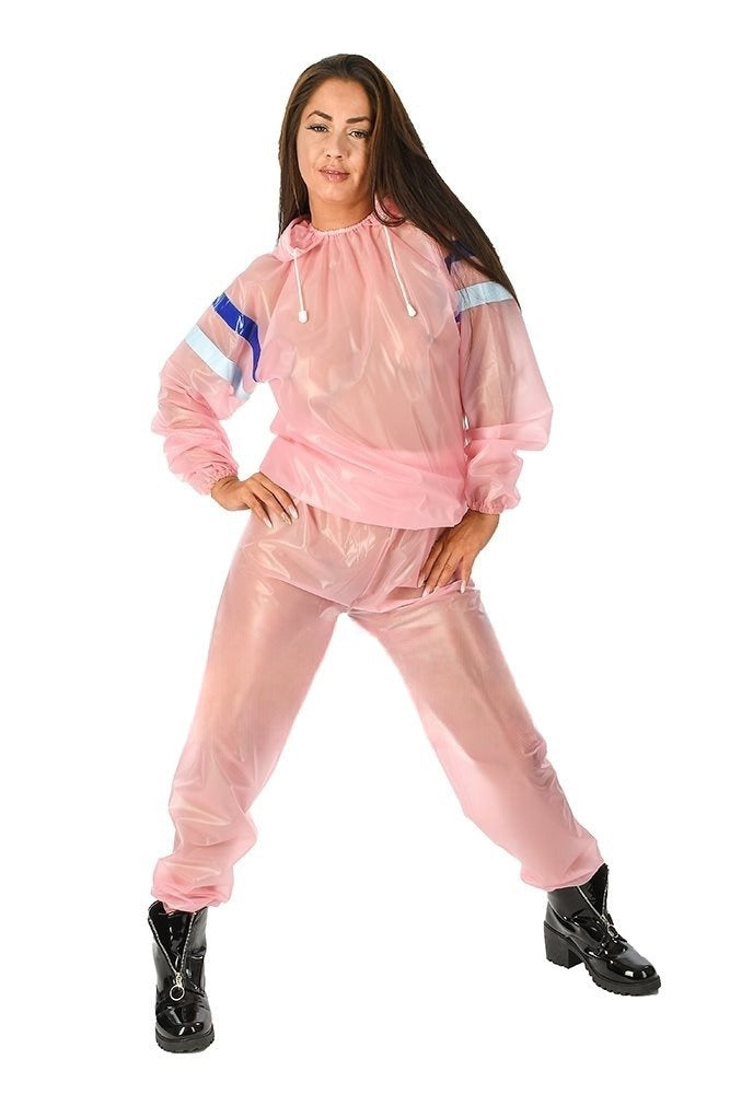 PVC Schwitz Sauna Anzug 2-teilig mit Kapuze rosa transparent - auf Lag ... PVC Schwitz Sauna Anzug 2-teilig mit Kapuze rosa transparent - auf Lag ...