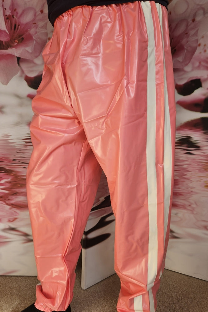 Unisex PVC Jogginghose Regenhose rosa weiße Streifen - auf Lager