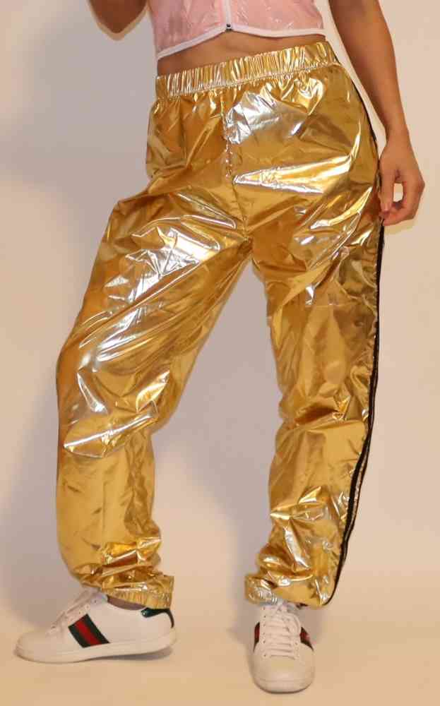 PVC nylon shiny nylon jogging pants gold with black stripes - in stock ...